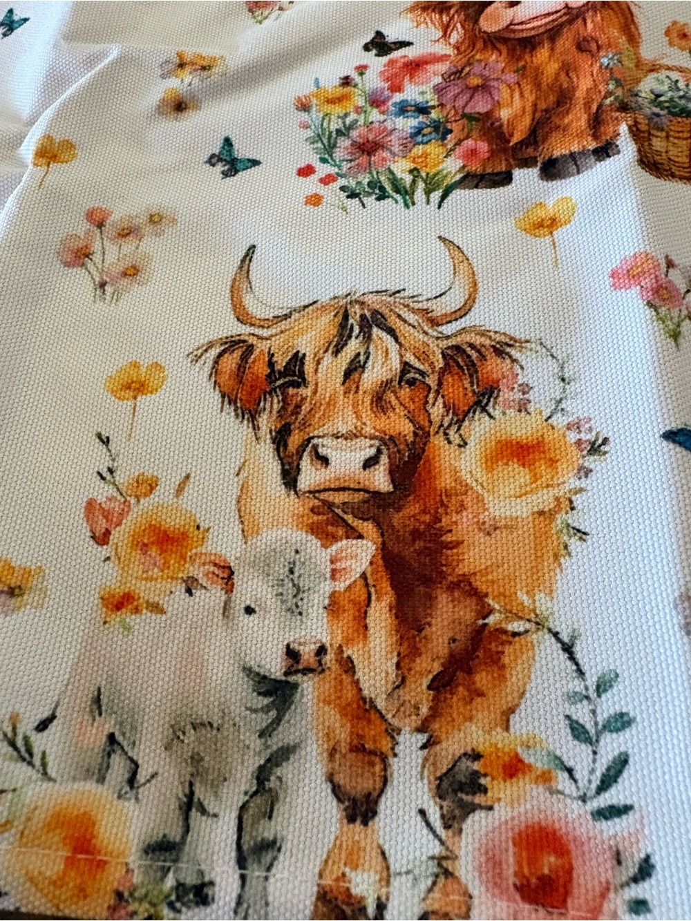 PEDAY NWT Farmhouse Highland Cow Table Runner  13”x 60”- White & Brown - Picture 2 of 9